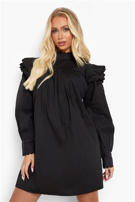 High Neck Ruffle Detail Smock Dress Boohoo Uk