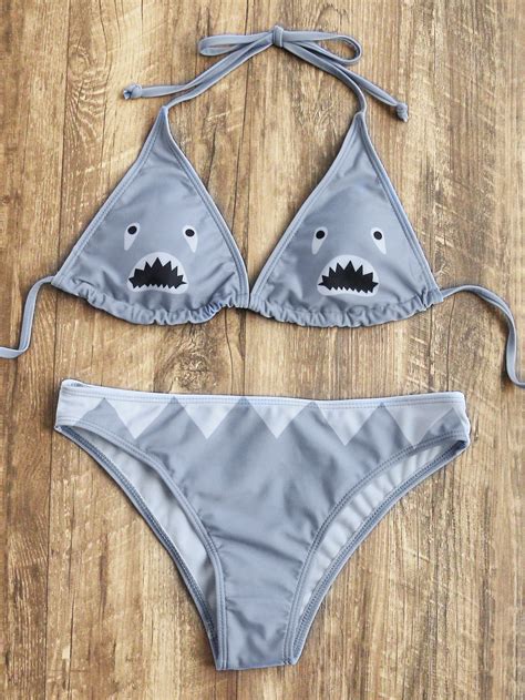 Grey Shark Print Triangle Bikini Set BelleChic