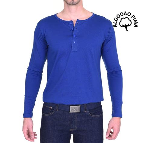 Camisa Henley Manga Longa Azul Royal Algodão Pima Barão Alpha