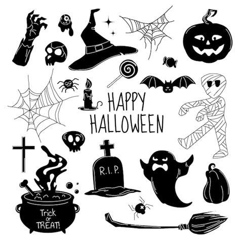 Premium Vector Vector Set Of Silhouettes Of Halloween Figures Happy Halloween Big Set Of Hand