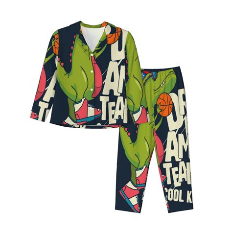 Junzan Dinosaur Basketball Player Print Womens Pajama Sets Long Sleeve