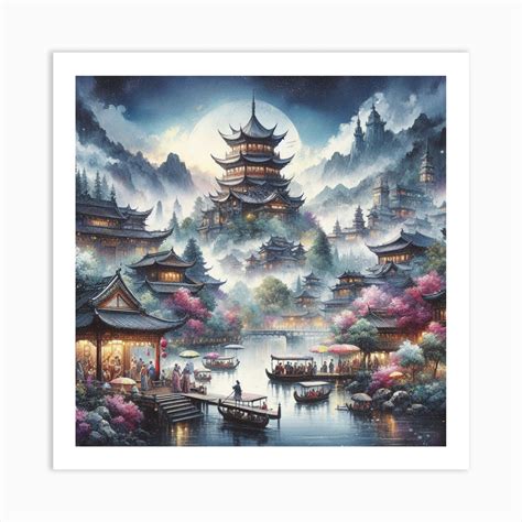 Chinese Village At Night Art Print by The Artful House - Fy