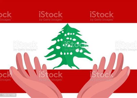 Vector Two Hand Gently Holding Position With Lebanese Flag Behind Stock