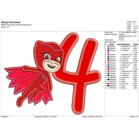 4th Birthday Pj Masks Owlette Applique Design