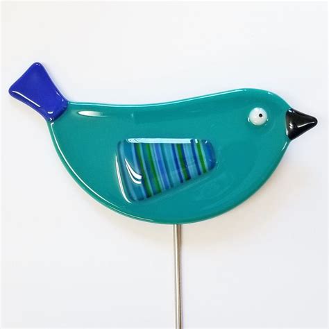 Glassworks Northwest Peacock Blue Bird With Striped Wing Plant Stake