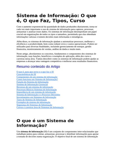 O Que Estuda Sistema De Informação - Funções e Importância do Sistema de Informação | PDF | Sistema de ...
