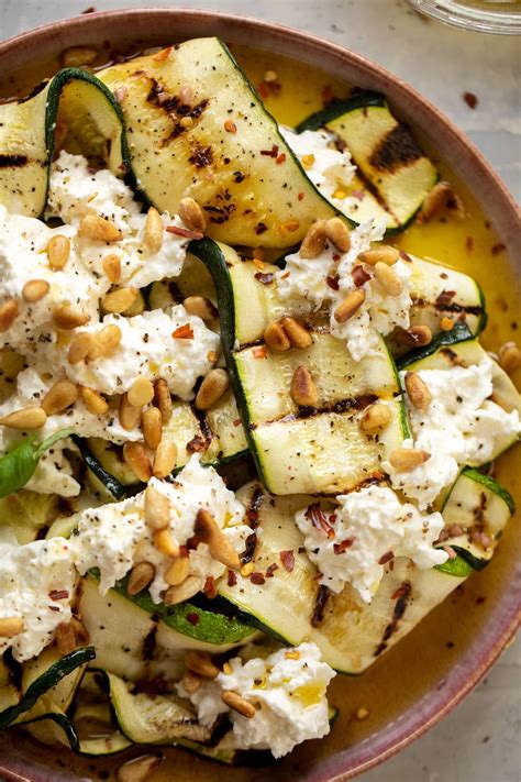 Grilled Zucchini With Burrata And Pine Nuts Recipe Recipes Vegetarian Recipes Grilled