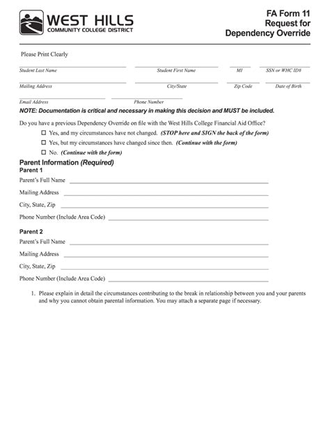 Fillable Online FA Form 11 Request For Dependency Override Fax Email