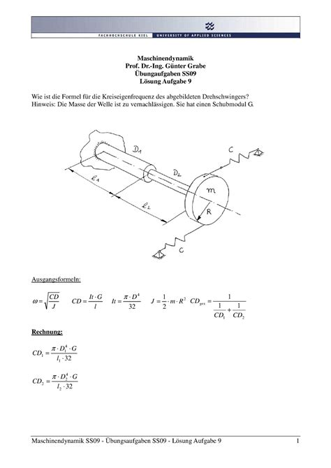 Maschinendynamik Übung SS09 Aufgabe 9 Prof Dr Ing Günter Grabe