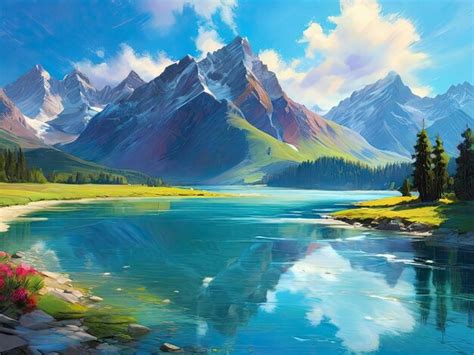 Premium Photo | Scenic nature view oil painting Landscape with mountains