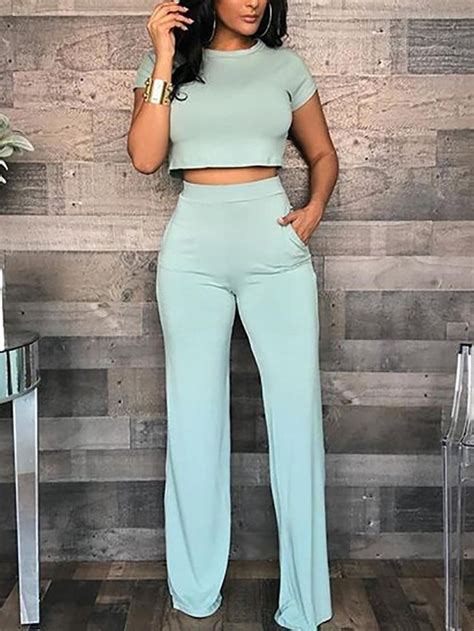 Solid Short Sleeve Crop Top Pants Sets In Fashion Classy