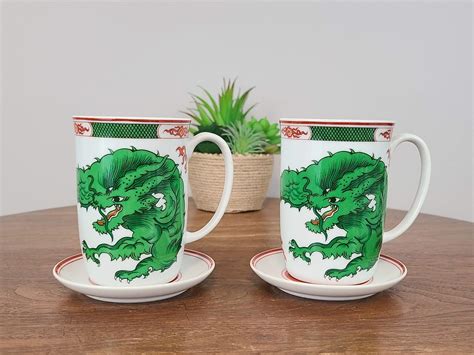 Dragon Crest Green Mugs With Small Saucers Underplate By Fitz Floyd