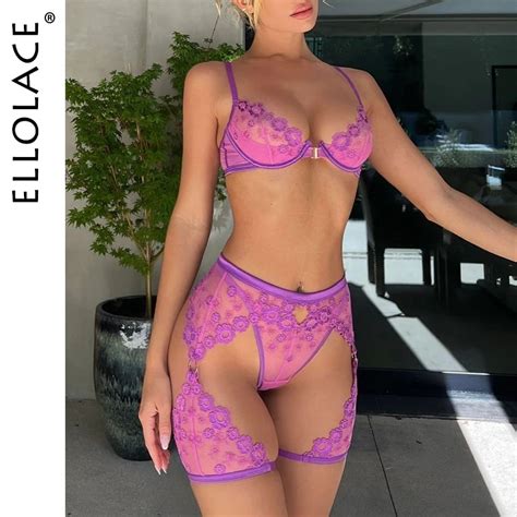 Ellolace Lingerie Fancy Female Underwear Embroidery 3 Pieces Luxury