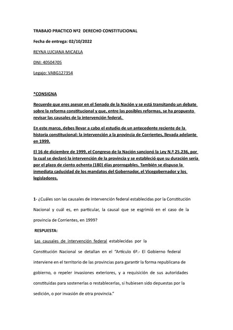 Trabajo Practico N Derecho Constitucional Trabajo Practico N