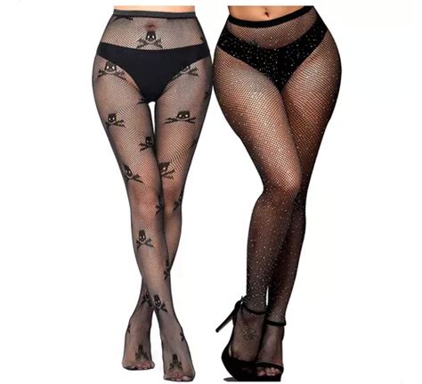 Kit 2 Meia Calça Caveira Arrastão Strass Brilho Rede Sexy