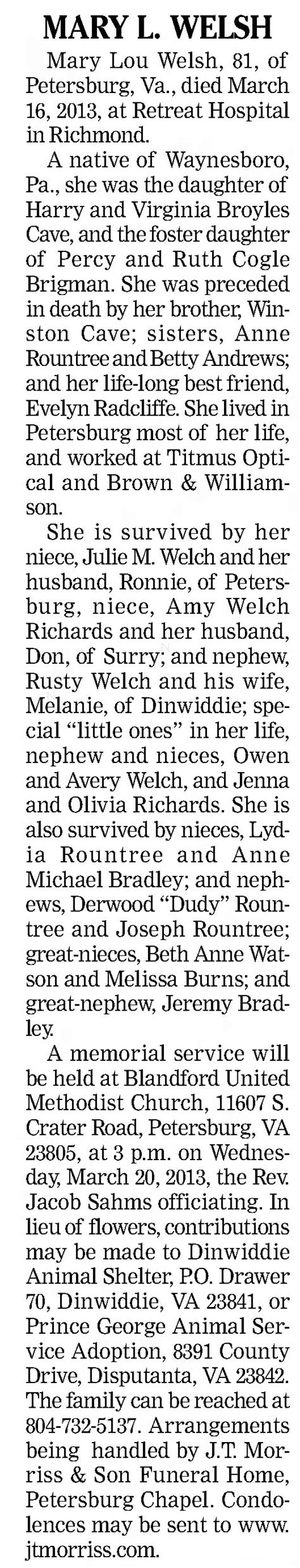 Obituary For Mary Lou Welsh Aged 70 ™