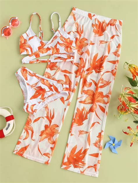 Conjunto de bikini con estampado floral y pantalones de playa para niña preadolescente verano