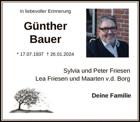 Traueranzeigen Von G Nther Bauer Trauer Hna De