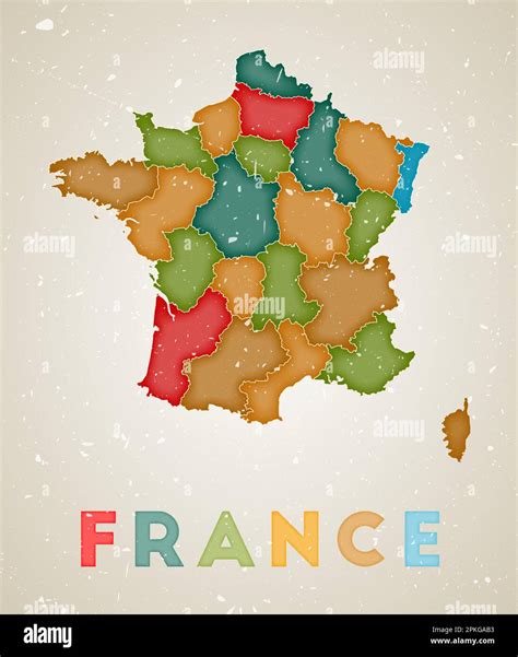 France Map Country Poster With Colored Regions Old Grunge Texture