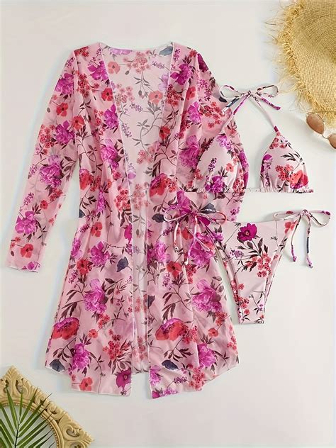 3 Piece Floral Bikini Set With Versatile Cover Up High Stretch Fabric Sexy Triangle Halter