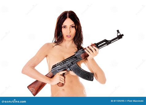 Nude Brunette Girl Model With Weapon Stock Image Image Of White Party 81159295