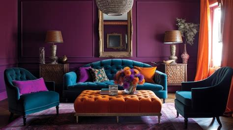 Premium AI Image | A living room with purple walls and a blue couch.