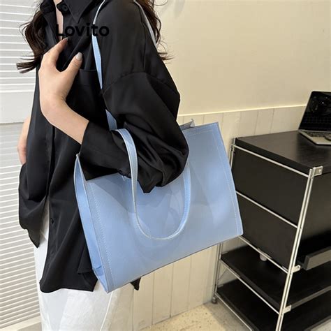 Lovito Women Casual Plain Basic Shoulder Tote Bag LNA32114 White Blue