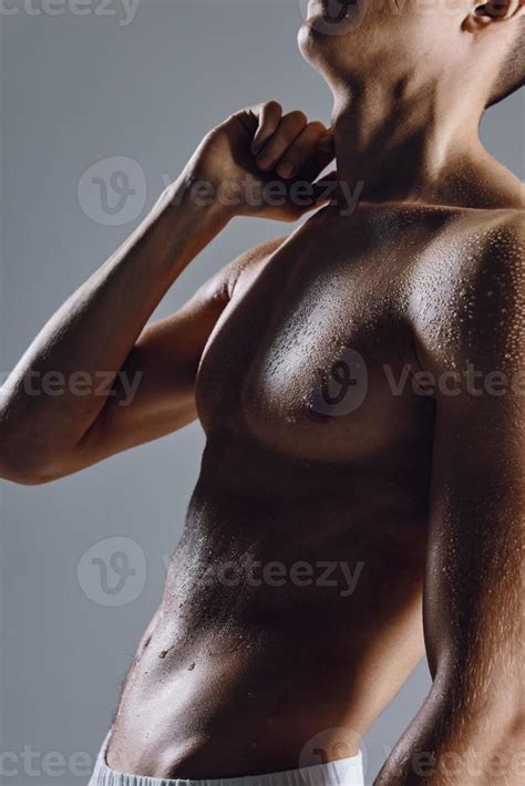 Silhouette Of Sportive Man On Gray Background Naked Torso Bodybuilder Stock Photo At