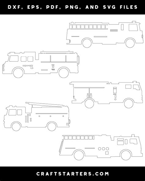 Detailed Fire Truck Outline Patterns: DFX, EPS, PDF, PNG, and SVG Cut Files