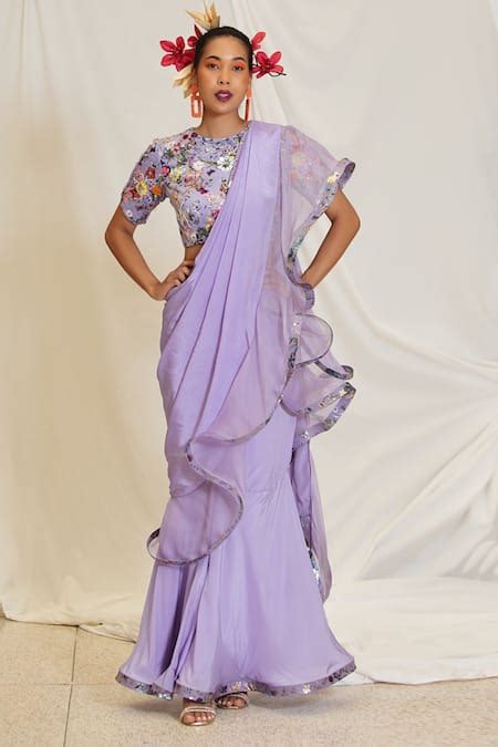 Buy Purple Natural Crepe Print Pre Draped Ruffled Saree With Blouse For