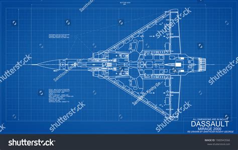 Dassault Mirage 2000 Aircraft Drawing Blueprint Stock Illustration