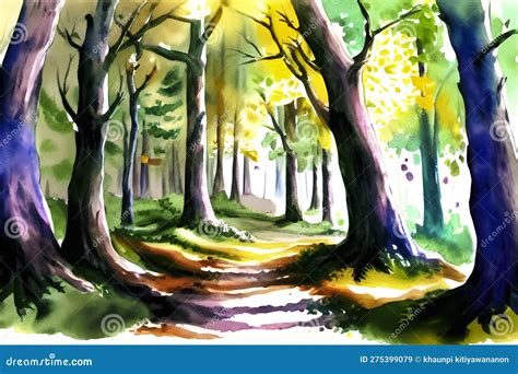 Disegno Di Acquerelli Di Una Foresta Con Foglie E Sentiero Degli Alberi