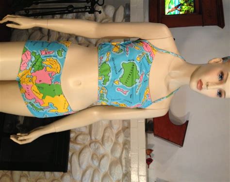 Vintage World Map Retro Bikini With Halter Top And Boy Shorts Etsy