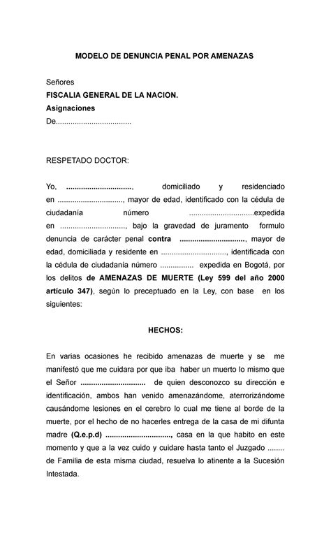 Denuncia Penal Amenazas Modelo De Denuncia Penal Por Amenazas