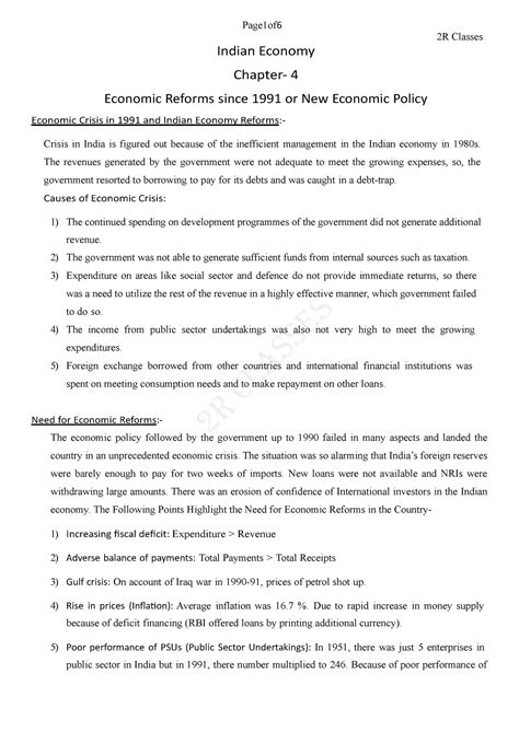 100018027 Page1of 6 2R Classes Indian Economy Chapter 4 Economic