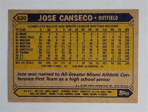 Topps Baseball Card Jose Canseco Oakland A S All Star Rookie