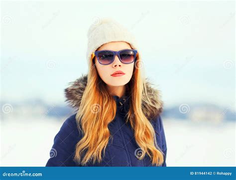 Fashion Winter Portrait Pretty Blonde Woman Wearing A Jacket Hat Sunglasses Stock Photo Image