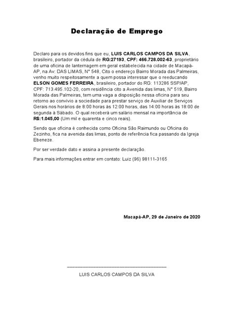 Declaração de Emprego | PDF