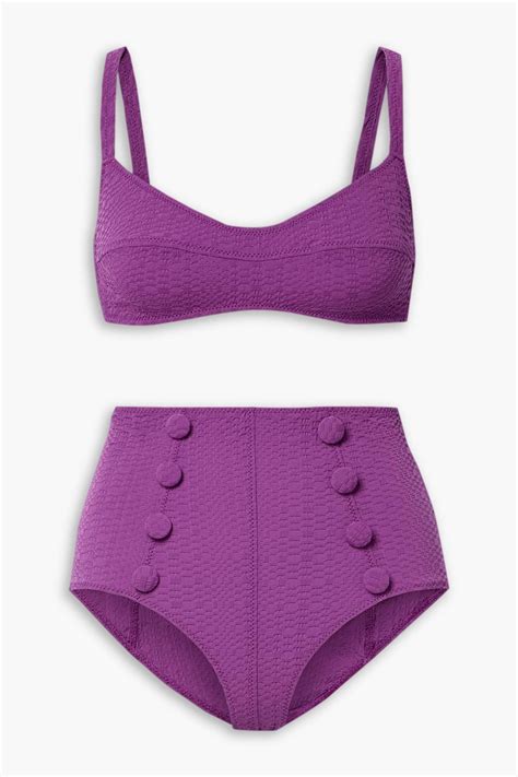 Lisa Marie Fernandez Net Sustain Button Embellished Seersucker Bikini In Blueberry Seersuc