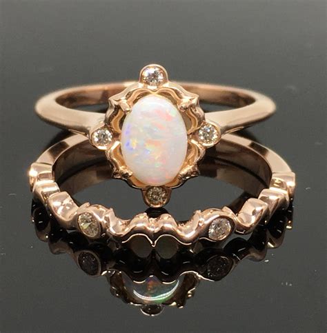 K Rose Gold Opal Engagement Ring Matching Set Rose Gold Etsy