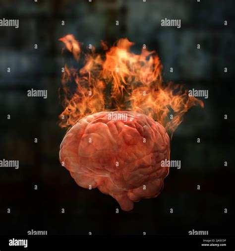 D Rendering Of A Human Brain S Burning On Fire With Hot Flame Stock