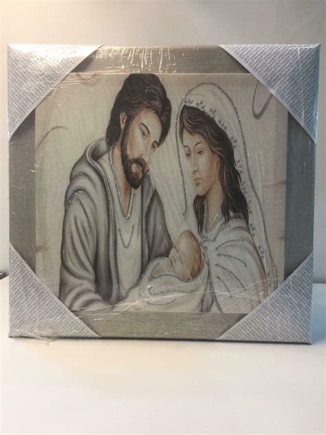 QUADRO SACRA FAMIGLIA CON CORNICE COLOR TORTORA E GLITTER ARGENTO 50x48