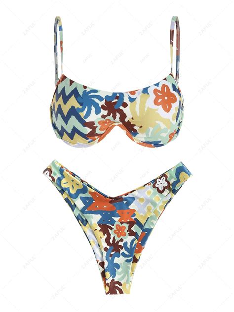 Zaful High Leg Cheeky Painting Floral Monowire Bikini Swimwear In Multi