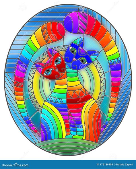 Stained Glass Illustration With A Pair Of Abstract Geometric Rainbow Cats On A Blue Background