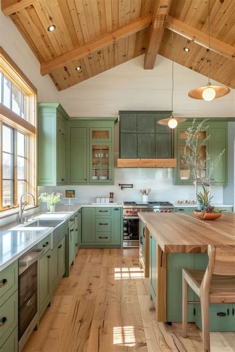 50 Kitchens With Green Cabinets And Wood Accents In 2024 Green