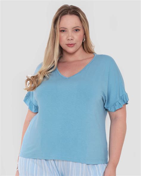 Blusa Feminina Plus Size Decote V Babados Azul Lojas Torra