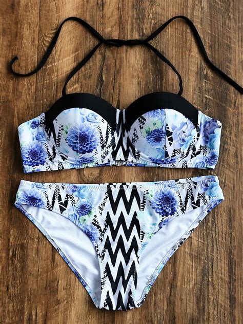 Floral And Chevron Print Halter Bikini Set Shein Sheinside