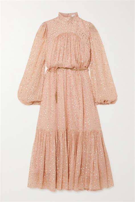 Zimmermann Belted Metallic Fil Coupé Silk Blend Chiffon Midi Dress