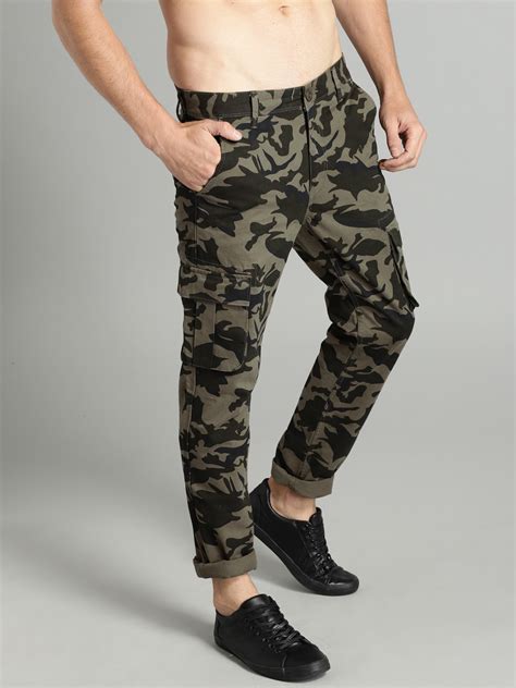 Buy Roadster Men Olive Green Slim Fit Camouflage Print Cargos