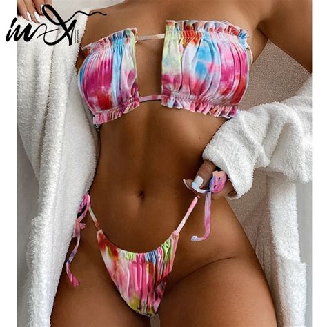 In X Micro Tie Dye Bikini Sexy Colorful Swimsuit Women Swimwear Strapless Ruffles Bikini